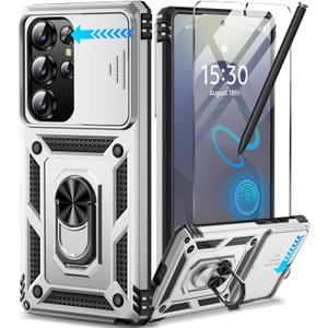 Taisairu for Samsung Galaxy S25 Ultra Case with Screen Protector & Slide Camera Lens Cover, Built-in Magnetic Ring Stand Shockproof Protective Phone Case for Samsung S25 Ultra Case (Silver)