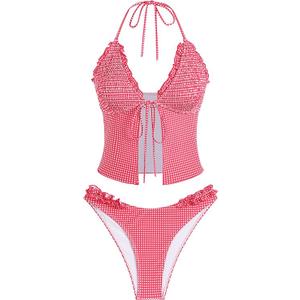 ZAFUL Tankini Swimsuits for Women Smocked Ruffles Tie Front Bowknot Textured High Cut Tanga Tankini Set (Large, 22-Red)