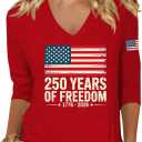 American Flag 3/4 Sleeve V Neck Shirt for Women 4th of July Independence Day Graphic Long Sleeve Tee Summer Patriotic Tops (Red, L)