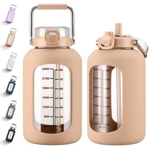 MUKOKO 100oz Glass Water Bottle with Time Marker and Silicone Sleeve 3L Large Water Jug with Stainless Steel Handle Gallon Drinking Bottle with 2-in-1 Lid Wide Mouth BPA Free, Amber