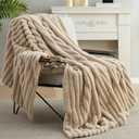 Amlie Home Faux Fur Throw Blanket for Couch, Cozy Fuzzy Fluffy Fur Luxurious Soft Striped Plush Gift Blankets for Family Sofa Chair Bedroom, 55"x70", Beige