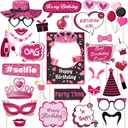 30 Pcs Pink Girls Birthday Photo Booth Props Kit - Hot Pink Princess Birthday Party Decoration Set with Real Glitter Cute Designs for Her, Funny Selfie Photo Booth Props for Kids Girls Any Bday Party