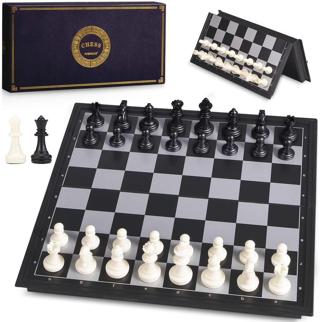 AMEROUS 10 Inches Magnetic Travel Chess Set with Folding Chess Board - 2 Extra Queens - Instructions for Beginner, Kids and Adults