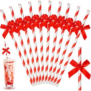 Potchen 50 Pcs Bow Straws Bulk Disposable Paper Bow Striped Drinking Straws for Graduations Cake Decorations Birthday Bridal Shower Wedding Bachelorette Baby Shower Party Supplies (Red)
