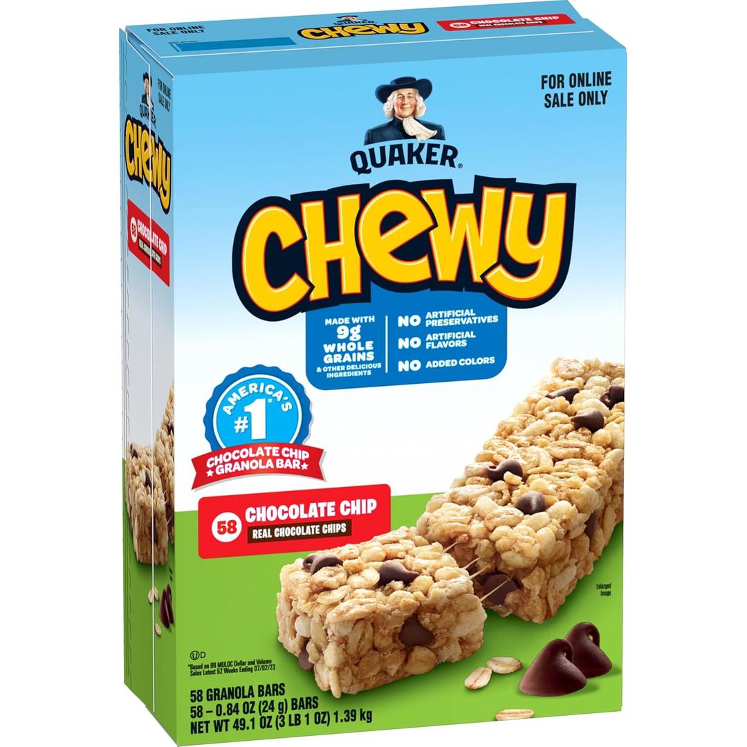 Quaker Chewy Granola Bars, Chocolate Chip, 58 Count - Best By: 01/20/2025