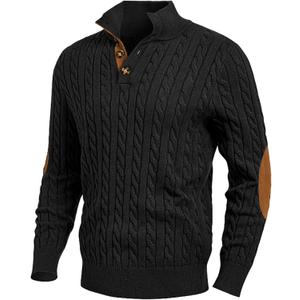 JMIERR Men's Cable Knit Pullover Sweater Casual Long Sleeve Stand Collar Button Knitted Sweaters (Large, 0 Black)