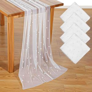 4 Pack 10 ft Pearl Table Runner Tulle Fabric Lace Boho Glitter Tablecloth Table Runners for Bridal Shower Birthday Party Wedding Arch Veil Dessert Desk Decorations 29.5 x 120 Inches (White)