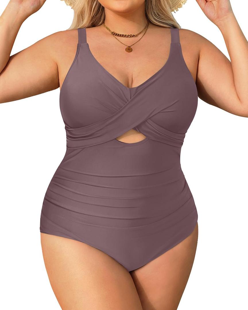 Daci Plus Size One Piece Swimsuits - Tummy Control Bathing Suit for Women Cutout Swimwear (Brown, 22 Plus)