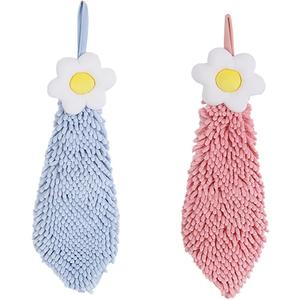 Chenille Hand Drying Towel with Hanging Loop,Daisy Design Lovely Fingertip Towel for Kids Adults, Soft Strong Water Absorption and Quick Drying Hand Towels for Kitchen Bathroom Wash Basin (Pink*Blue)
