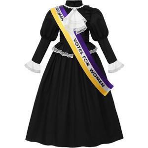 ReliBeauty Susan B Anthony Costume for Girls, Black Victorian Era Colonial Dress with Puff Sleeves & Sash, 140
