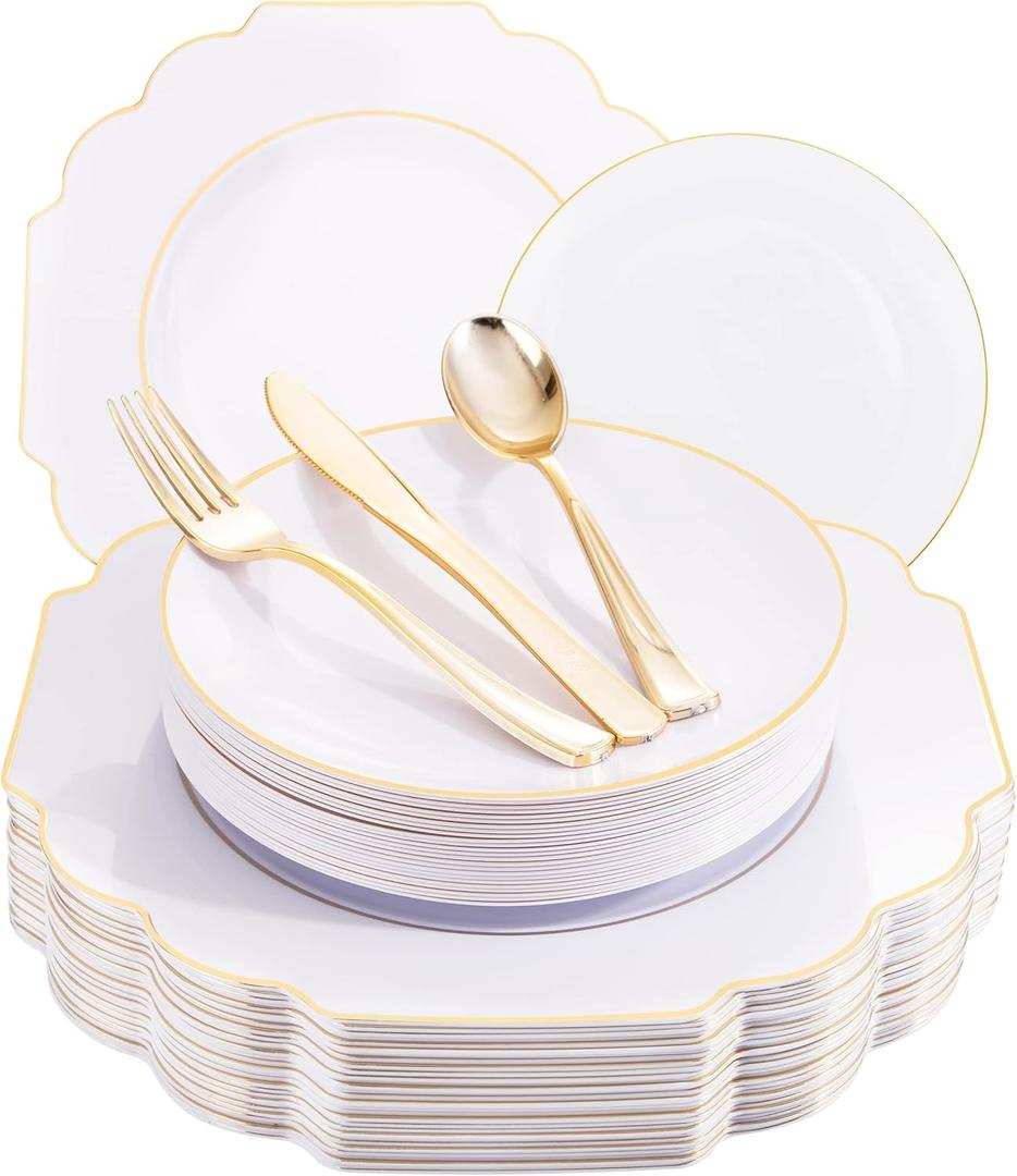 Supernal 150pcs Gold Plastic Dinnerware include White and Gold Disposable Square Plates,Gold Plastic Silverware Perfect for Birthday,Party,Wedding,Bridal Shower