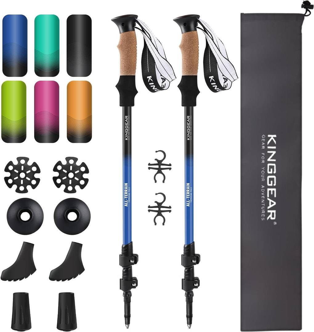 KINGGEAR Nordic Walking Stick, TP1 Hiking Poles Retractable Lightweight 7075 Aluminum, Trekking Poles with Flip Lock, Natural Cork and EVA Grip, 2pc Hiking Gear, 54"