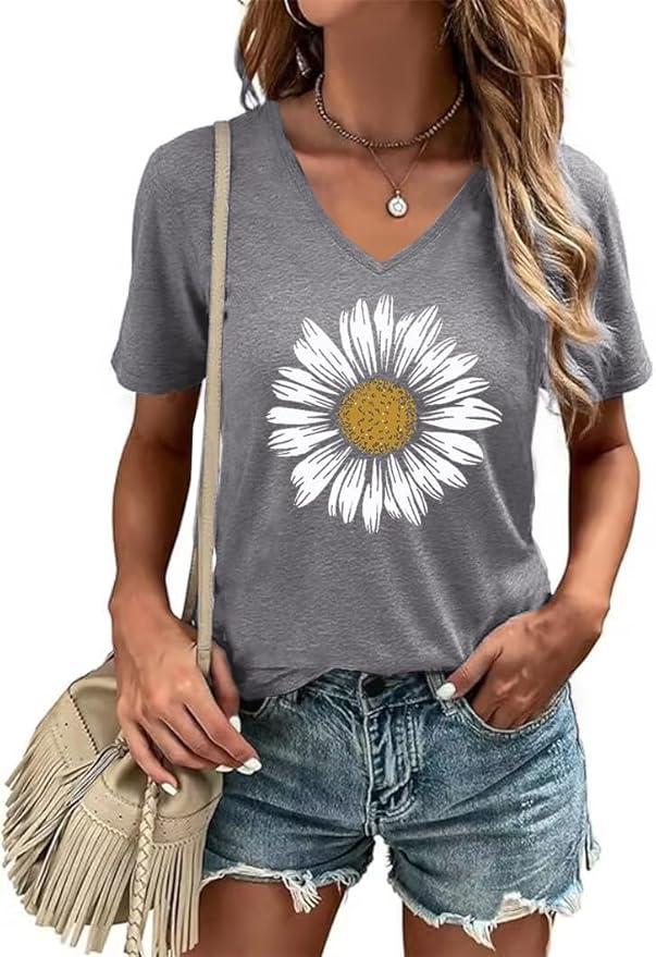 Women's T-Shirt V-Neck Graphic Tees Vintage Boho Flowers Shirt Summer Casual Plant Short Sleeve Tshirt Tops, XL