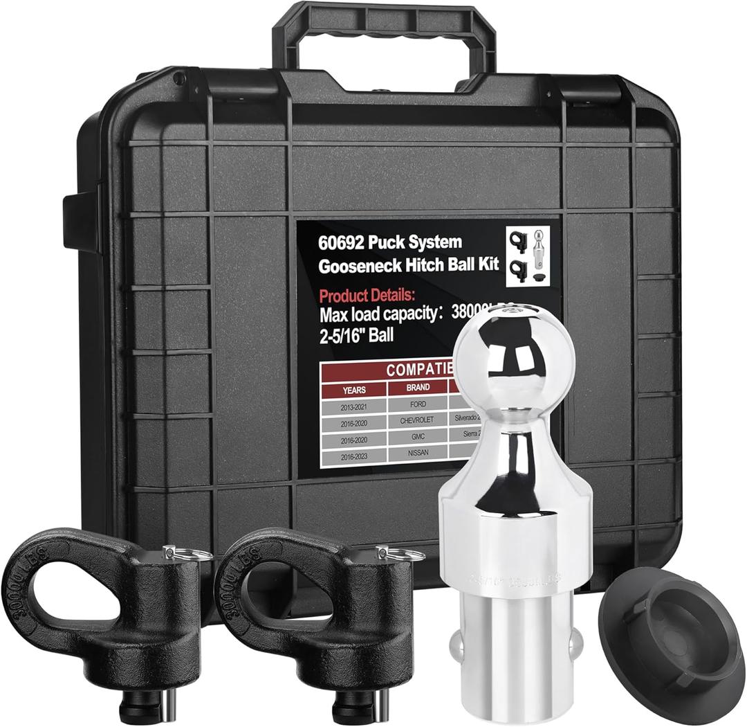 60692 - Puck System Gooseneck Hitch Ball Kit with Box, 2-5/16, 38,000 lbs GTW. Compatible with Ford F250, F350, F450, Chevrolet Silverado 2500, 3500 HD, GMC Sierra 2500, 3500 HD, and Titan XD