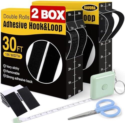 Navona 2 Boxes Heavy Duty Hook and Loop Strips with Adhesive, 60Ft Total x 1 Inch Hook and Loop Tape with Backing for Home, Office, School, and Crafting Projects, Black