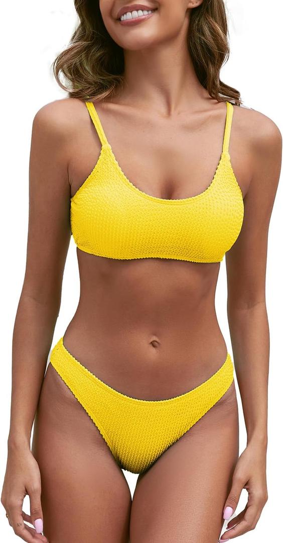 Fanuerg Women's Ribbed Bikini Sets Scoop Neck Cheeky Swimsuit Textured Two Piece Bathing Suit (Medium, Yellow)