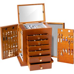 ProCase Large Jewelry Box, 7-Layer Wooden Jewelry Boxes for Women, Jewellery Holder Organizer Storage Case with Mirror for Earrings Necklace for Dresser -Brown