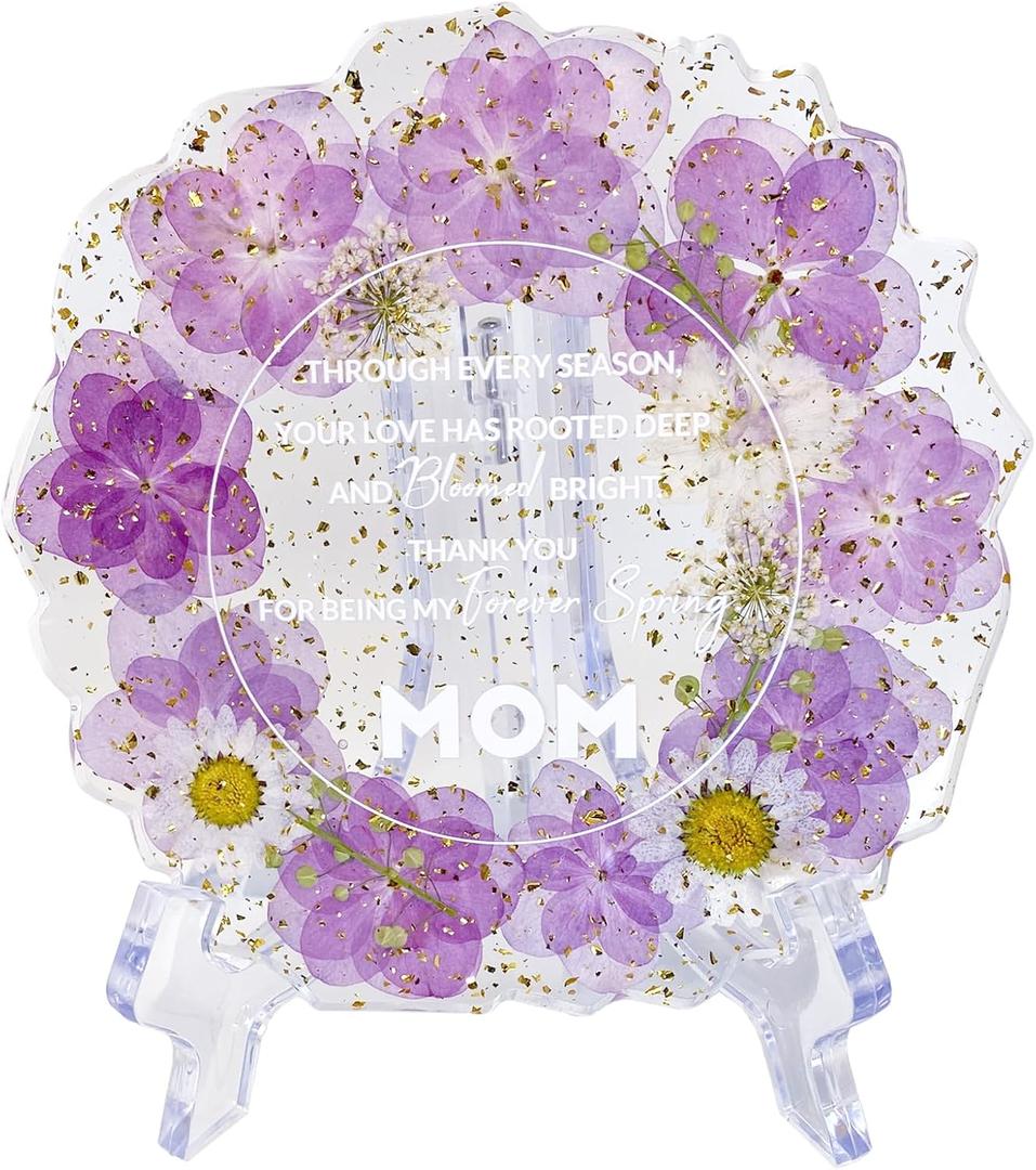 Gift for Mom Resin Floral Keepsake Plate Decor with Pressed Real Flowers (Purple & White) Mom Birthday Gifts, Unique Handmade Keepsake for Women