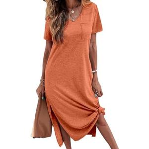 Dyexces Women Summer T Shirt Dress Casual Short Sleeve V Neck Maxi Dresses Loose Side Slit Long Tshirt Dress with Pockets, Small