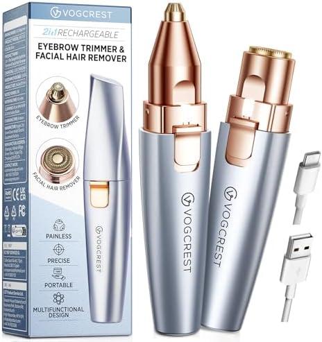 VG VOGCREST Eyebrow & Facial Trimmer: 2 in1 Rechargeable Facial Hair & Eyebrow Shaver - Painless LED Light (Sky Blue)