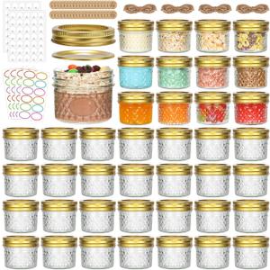 40 Pack 4 oz Mini Glass Mason Jars | Regular Mouth Canning Jars with Golden Lids and Bands, for Honey, Jam, Jelly, Spices, Body Butters, DIY Candles