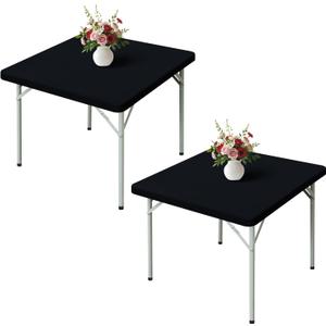 Wolkemer 2 Pack Black Fitted Tablecloth 34x34 Inch Square Elastic Edges Table Cloth, Spandex Stretch Table Cover with Machine Washable Fabric for Wedding Party Picnic Dining Indoor Outdoor