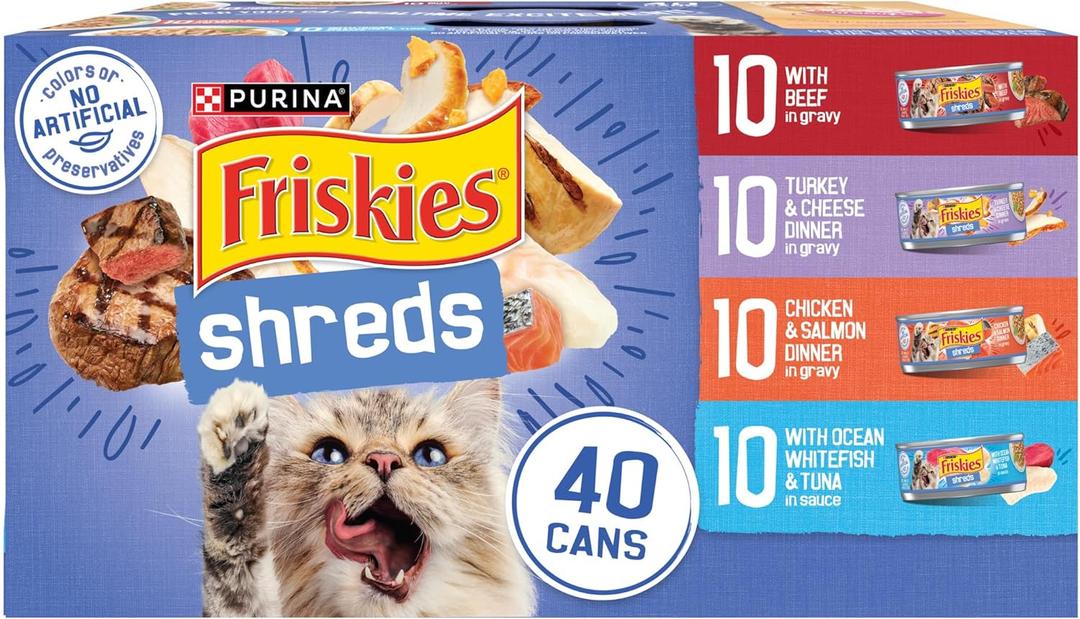 Purina Friskies Wet Cat Food Variety Pack, Shreds With Beef, Turkey and Cheese Dinner, Chicken and Salmon Dinner, and With Ocean Whitefish and Tuna - (Pack of 40) 5.5 oz. Cans, BBD 11/2027