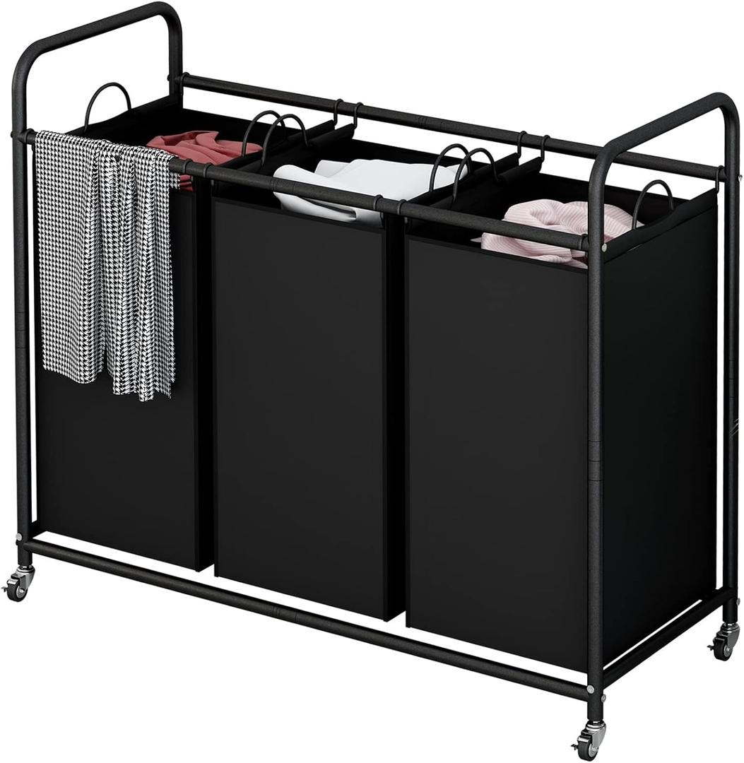 LINZINAR 3-Bag Laundry Basket, Black Laundry Hamper, 35.6 Gal(135 L) Laundry Sorter Cart Laundry Room Organization with Heavy Duty Rolling Lockable Wheels and Removable Bags