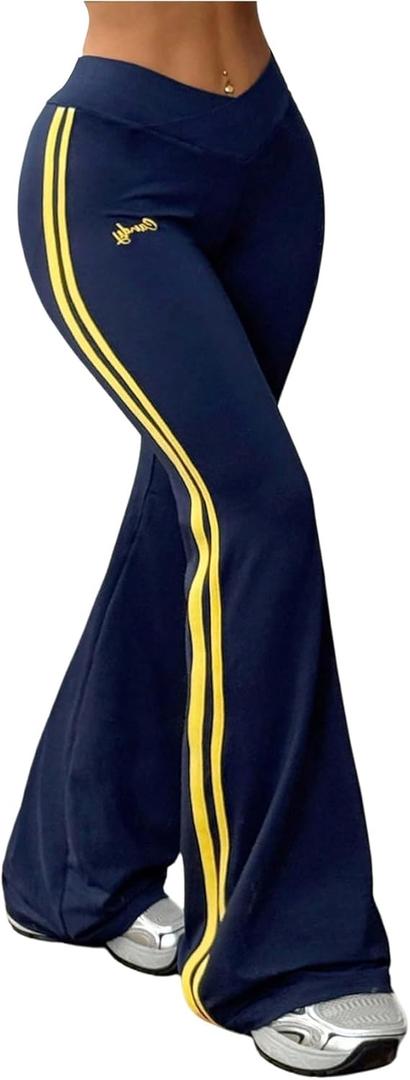 Floerns Women's Elastic Waist Flare Leggings Striped Bell Bottom Sports Yoga Pants (Dark Blue)