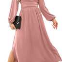 Dokotoo Women's Wrap V-Neck Empire Waist Dress Lantern Sleeve Ruched Side Slit Elegant Maxi Dress (Small, Pink)