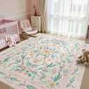 Pink Floral Area Rug 6x9,Soft Washable Girls Bedroom Rug for Nursery, Living Room or Playroom,Boho Vintage Non-Slip Carpet for Kids or Teen Girl Room Decor