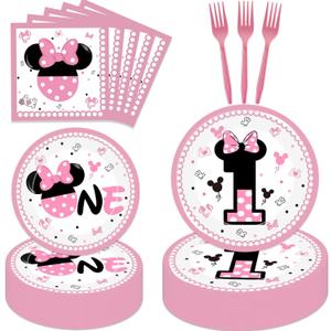 80 Pcs Pink 1st Birthday Party Supplies Girls One Year Old Paper Plates Napkins Forks for Girls 1st Birthday Baby Shower Party Decorations