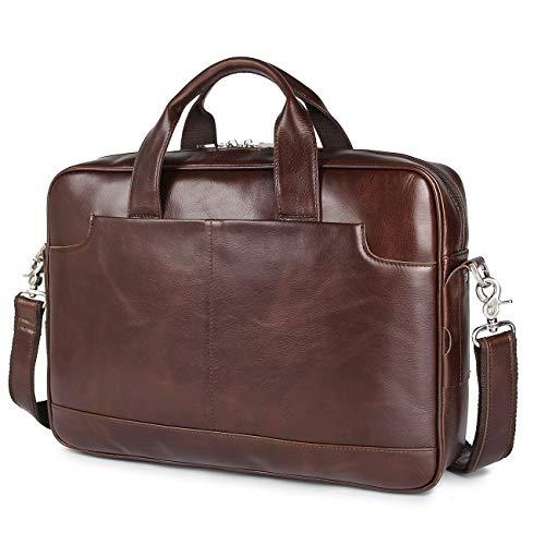 Augus Leather 16" Laptop Briefcase for Men Shoulder BagTravel Messenger Duffle Bags handbag Waterproof Brown With YKK Zipper