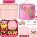 Aimsnk Kids Bento Lunch Box with 8oz Soup Thermo, Kids Leakproof Lunch Food Containers with 4 Compartment,Insulated Hot Food Jar with Lunch Bag for School, Travel (Pink)