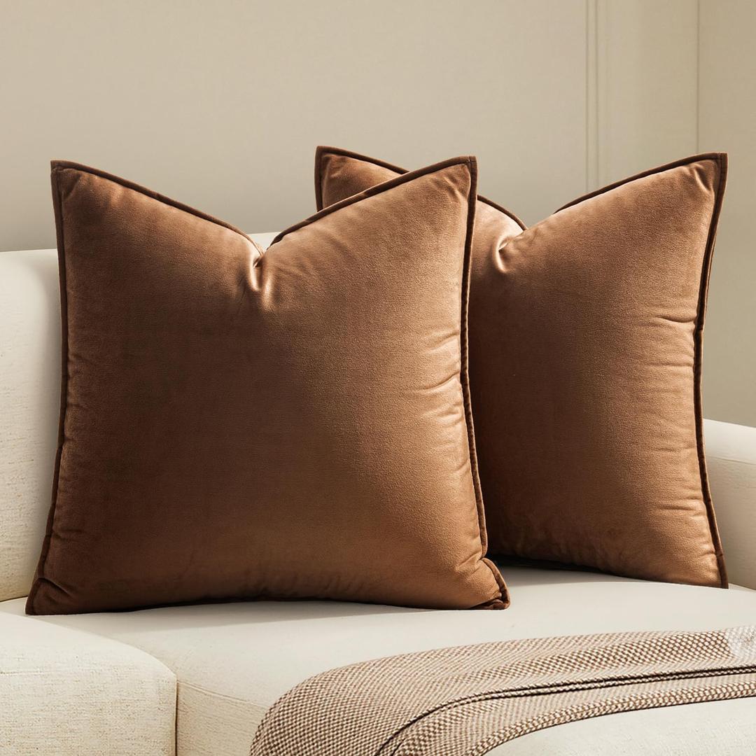 MIULEE Pack of 2 Brown Decorative Velvet Throw Pillow Cover Soft Pillowcase Solid Square Euro Sham Cushion Case for Sofa Bedroom Car 24x24 Inch 60x60 Cm