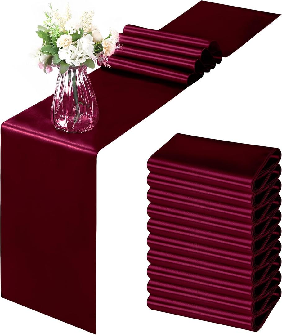 Horbaunal 12 Pack Burgundy Satin Table Runner 12 x 108 Inch, Smooth Table Runners for Wedding Banquets Birthday Party