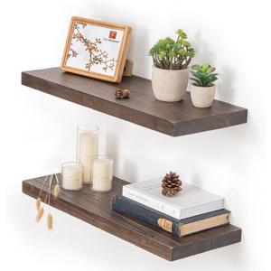 Floating Shelves for Wall, 24"x9.3" Rustic Solid Elm Wood Shelves, Heavy-Duty Wall Mounted Shelves with Invisible Brackets, Set of 2 for Living Room, Bedroom, Kitchen, Walnut Finish, 24"L, Pack of 2