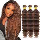 ZevPiul P430 Highlight Brown Bundles Human Hair Deep Wave 3 Bundles 26 28 30 Inch Unprocessed Brazilian Virgin Remy Dark Brown Deep Wave Bundle Human Hair Extensions