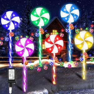 6 Pack Christmas Lollipop Pathway Lights Outdoor with 28PC Candy, 27" 176LED Peppermint Candy Cane Decoration with 8 Mode&Timer&Stake, Pathway Marker Light for Walkway Outsides Decor(Multicolor)