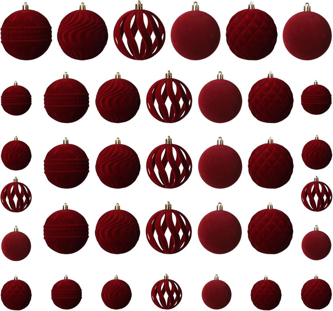 Senjie 36 PCS Velvet Ornaments Balls Sets for Christmas Tree Red Flocked Christmas Balls Assortment for Xmas Tree Holiday Decor