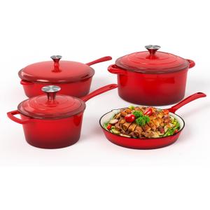 MAISON ARTS Enamel Cast Iron 7 Piece Cookware Set, Heavy Duty Dutch Ovens Pot with Lid, Red Non Stick Pots and Pans Sets, Oven Safe up to 500F