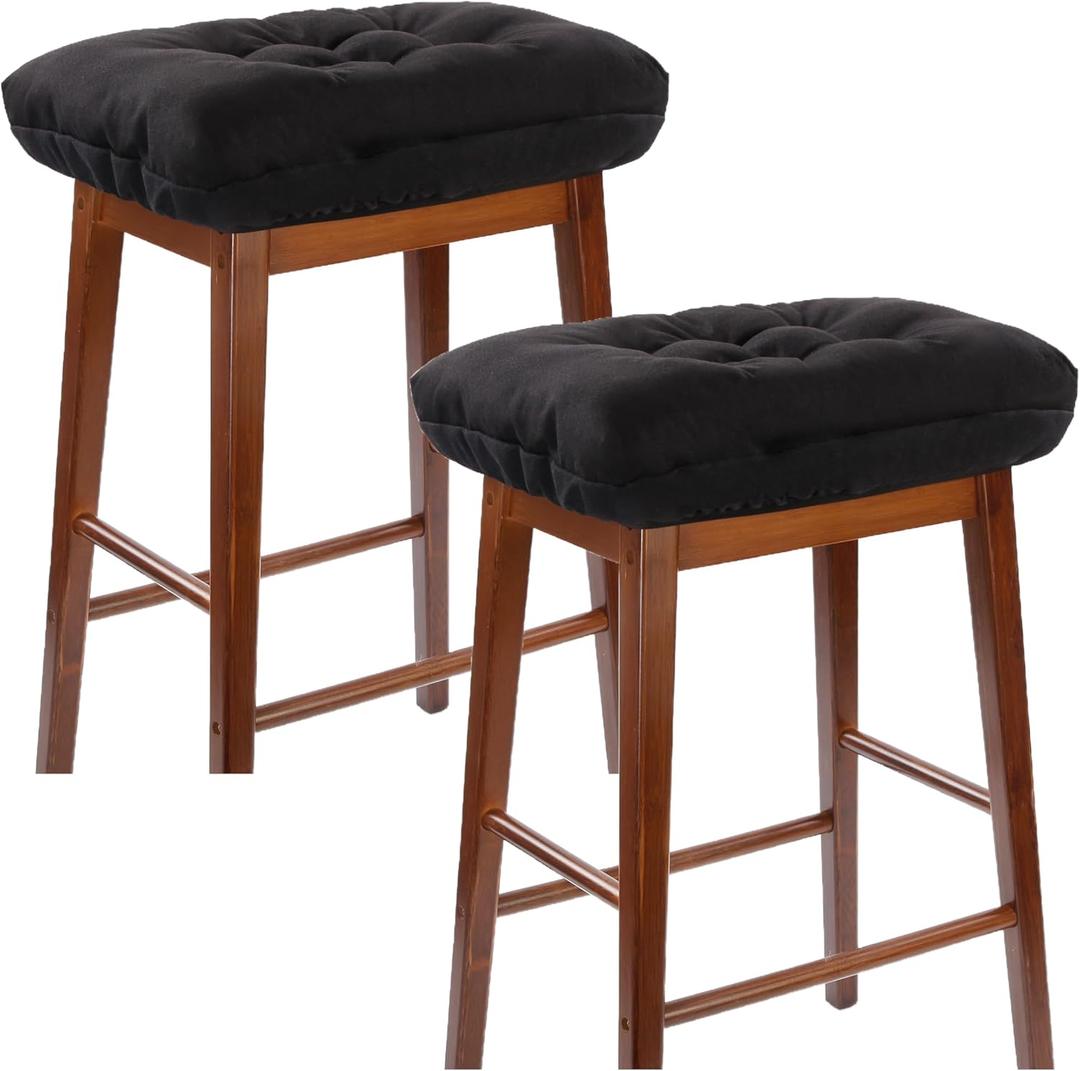 Rectangular Stool Cushion Set of 2, Soft Saddle Stool Cushions with Ties, Nonslip and Washable, Black, 18 x 10.5 x 4 Inch