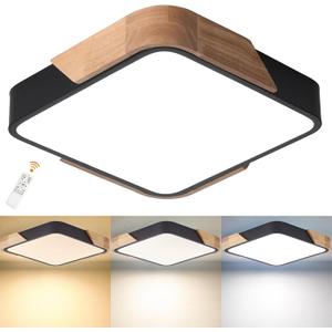 LED Ceiling Light, Flush Mount Ceiling Light Dimmable 36W, Light Fixtures Ceiling Mount with Remote, Wood Modern Ceiling Lamp, Ceiling Lights for Bedroom Kitchen Living Room Hallway,15.7in