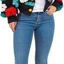 Angsuttc Women's Cropped Floral Bomber Jacket Puff Sleeves Lightweight Fleece Shacket Button Down Varsity Coat Outwear (Black&blue)