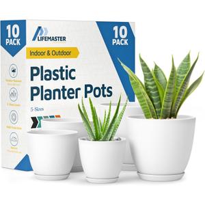 Lifemaster Eco Friendly Plant Pot Set - 10-Pack Home Decor Flower Indoor and Outdoor Plastic Pots with Drainage Holes, Assorted Sizes (7", 6.6", 6", 5.3", 4.8") - Stackable Garden Versatile Planters (White)