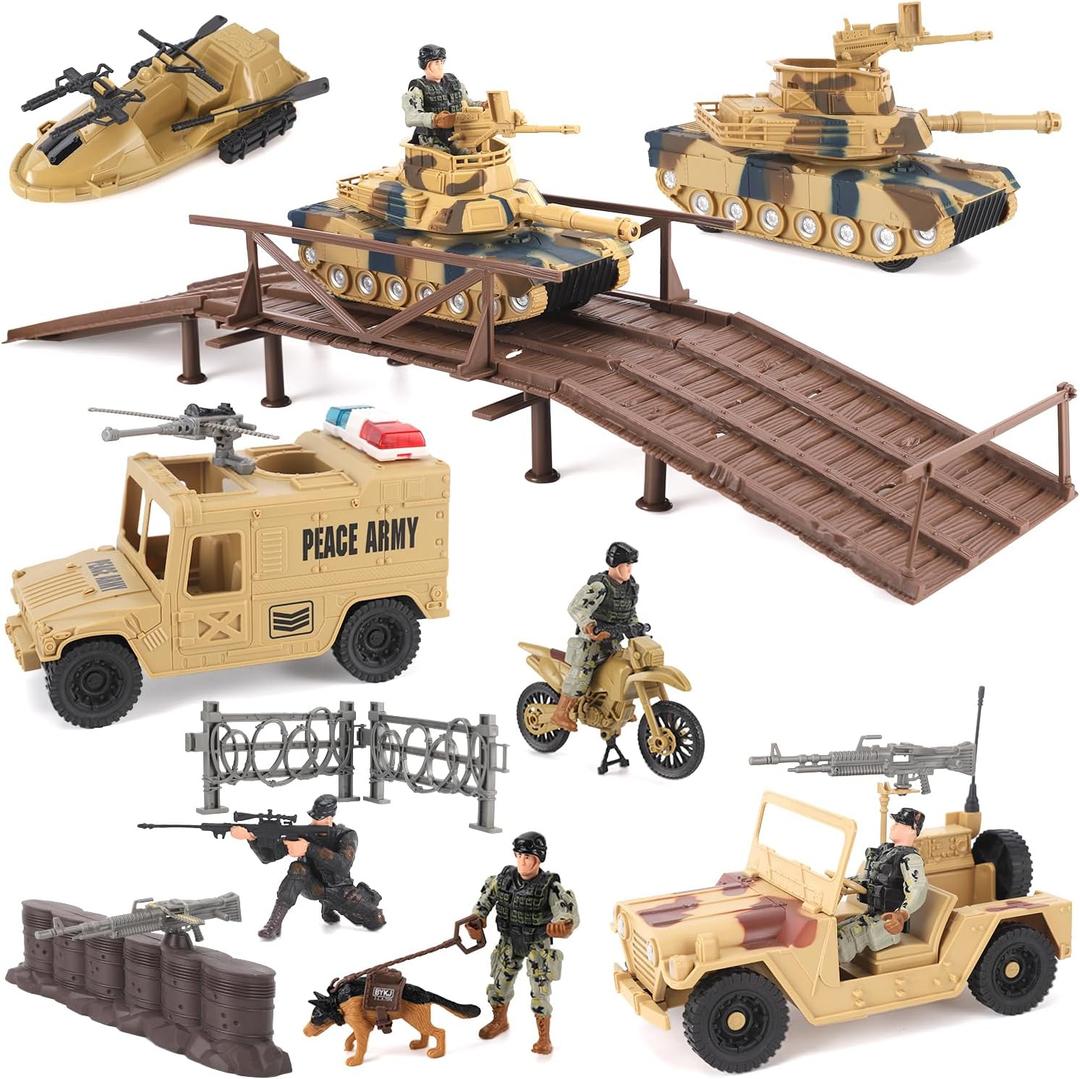 Liberty Imports 42 PCS Military Base Toy Combat Zone Playset - Battle Site with Tanks, Boat, Motorcycle, Trucks, Army Men Soldier Action Figures, Weapons, and Accessories for Kids