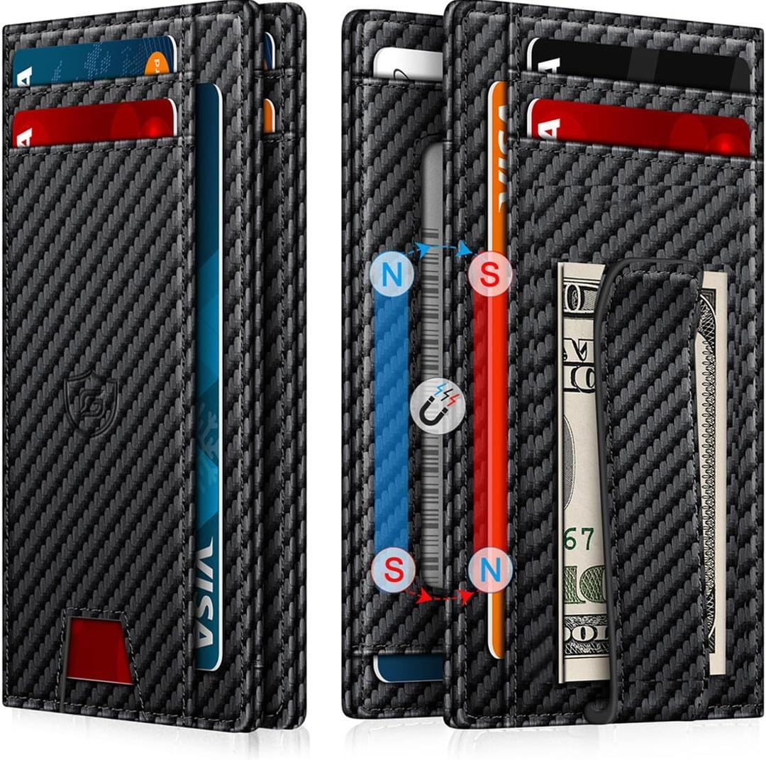 Wallet for Men 14-16 Cards, Men's Leather Wallet, Minimalist Thin Card Holder RFID Blocking Money Clip with Simplified Bill Folder & Magnetic Closure, Gifts for Men, Carbon Fiber