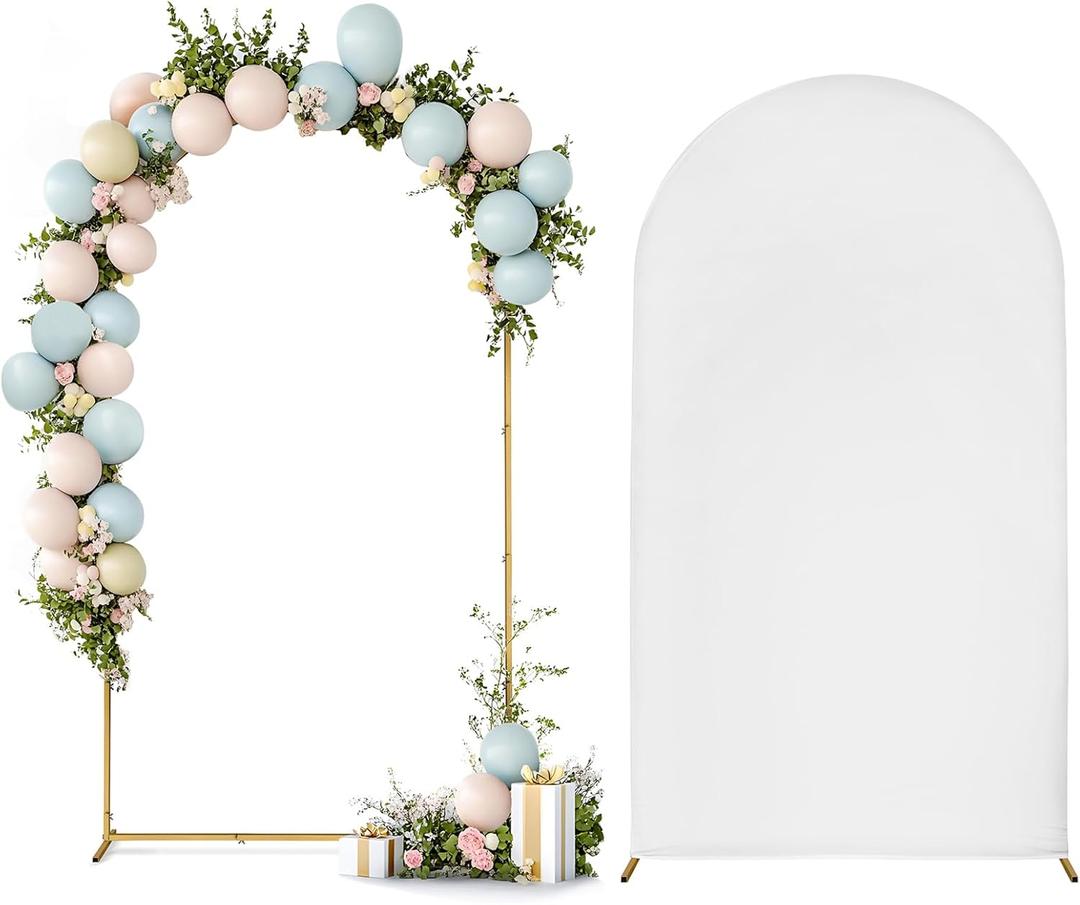 Skypatio 7.2FT Wedding Metal Arch Backdrop Stand with White Backdrop Cover, Balloon Gold Arch Stand for Birthday Party Baby Shower Wedding Decoration Stand for Backdrop 
