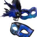 2024 New Masquerade Mask with Feather for Couples - Women's Masquerade Mask with Feather & Men Venetian Costume Mask (Black Blue)