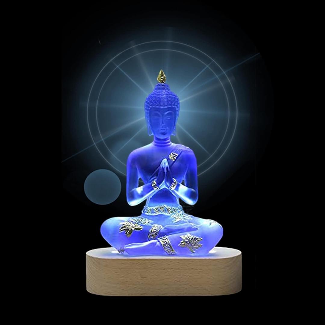 7-inch Buddha Statue Collection with LED lamp Base - Elegant Transparent Sculpture Decoration, Creating Unique Home Decor (Blue)